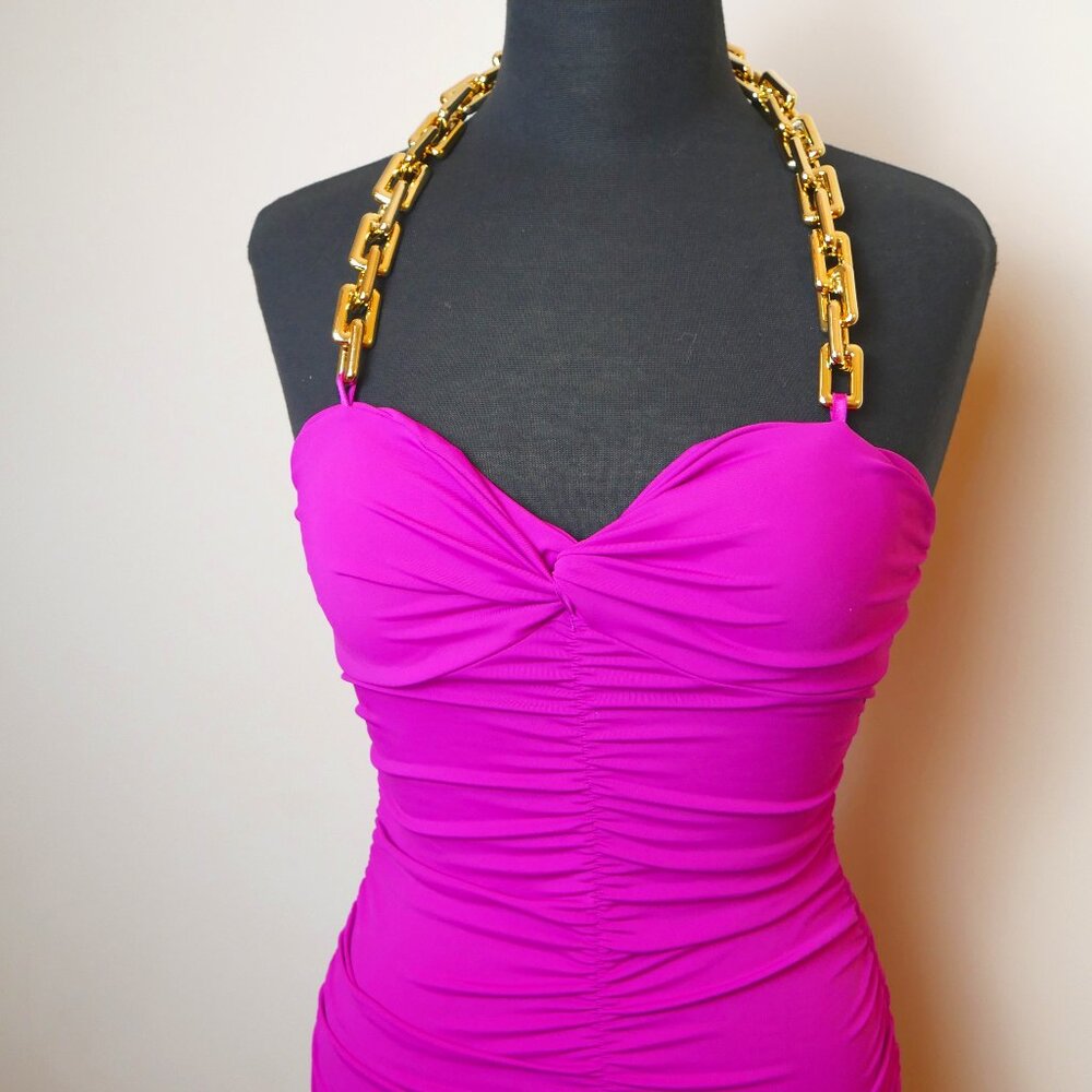 Magenta Mini Dress w: Gold Halter Chain